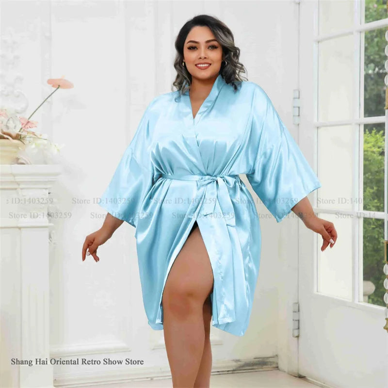 Plus Size Women Robe Half Sleeve Bathrobe Kimono Gown Spring Summer New Sleepwear Home Dress Casual Ice Silk Lounge Wear Pajama