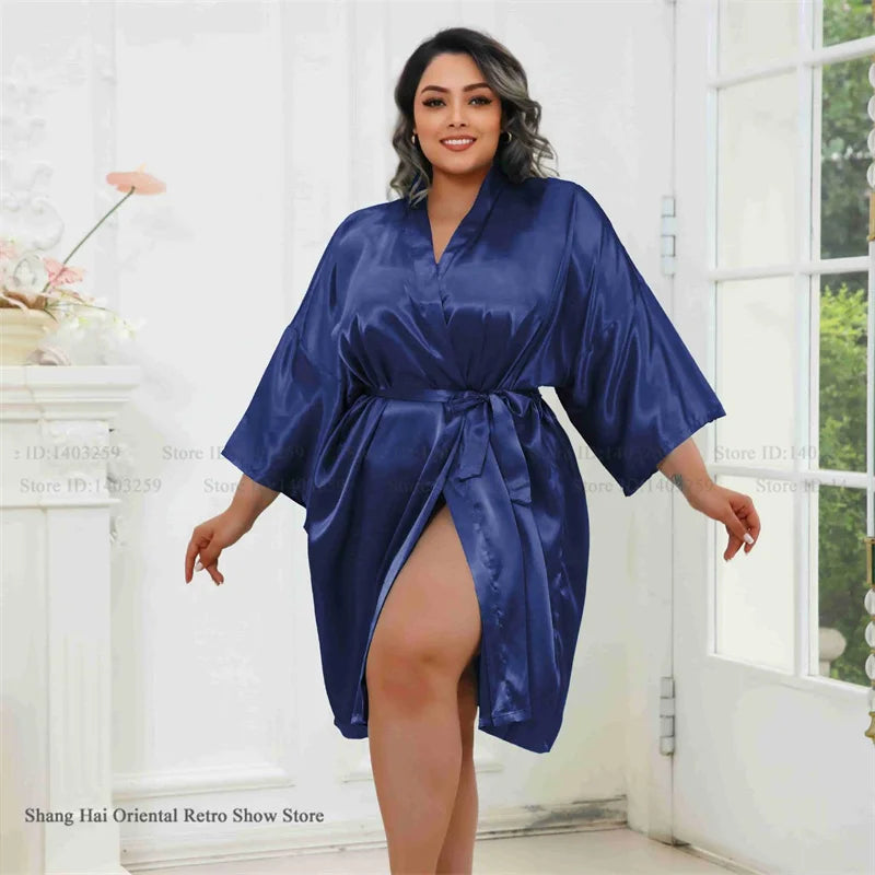 Plus Size Women Robe Half Sleeve Bathrobe Kimono Gown Spring Summer New Sleepwear Home Dress Casual Ice Silk Lounge Wear Pajama