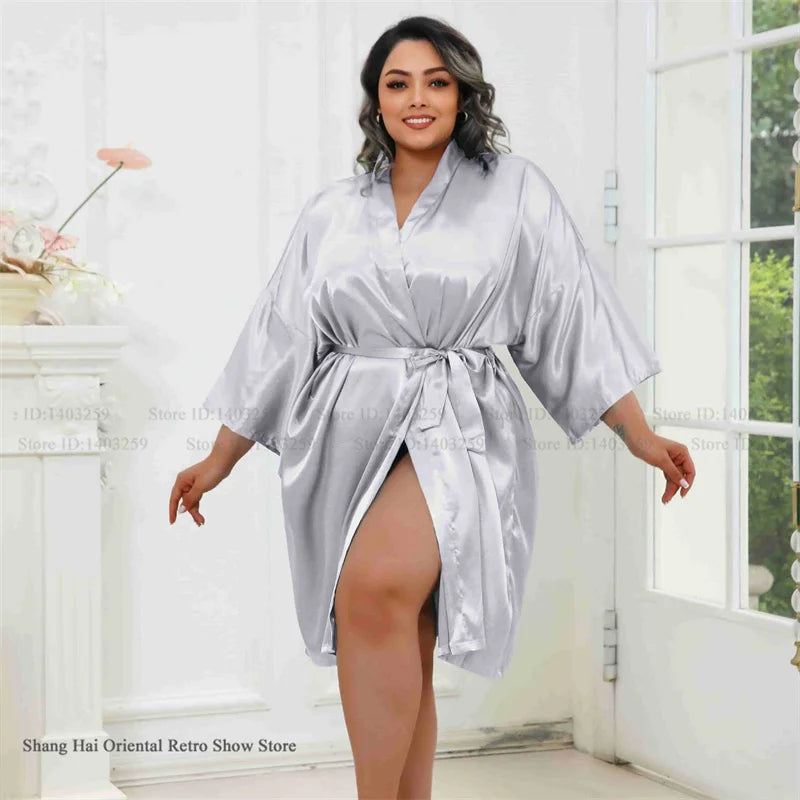 Plus Size Women Robe Half Sleeve Bathrobe Kimono Gown Spring Summer New Sleepwear Home Dress Casual Ice Silk Lounge Wear Pajama