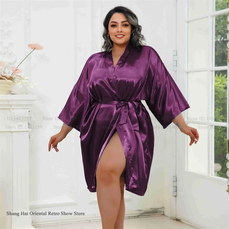 Plus Size Women Robe Half Sleeve Bathrobe Kimono Gown Spring Summer New Sleepwear Home Dress Casual Ice Silk Lounge Wear Pajama