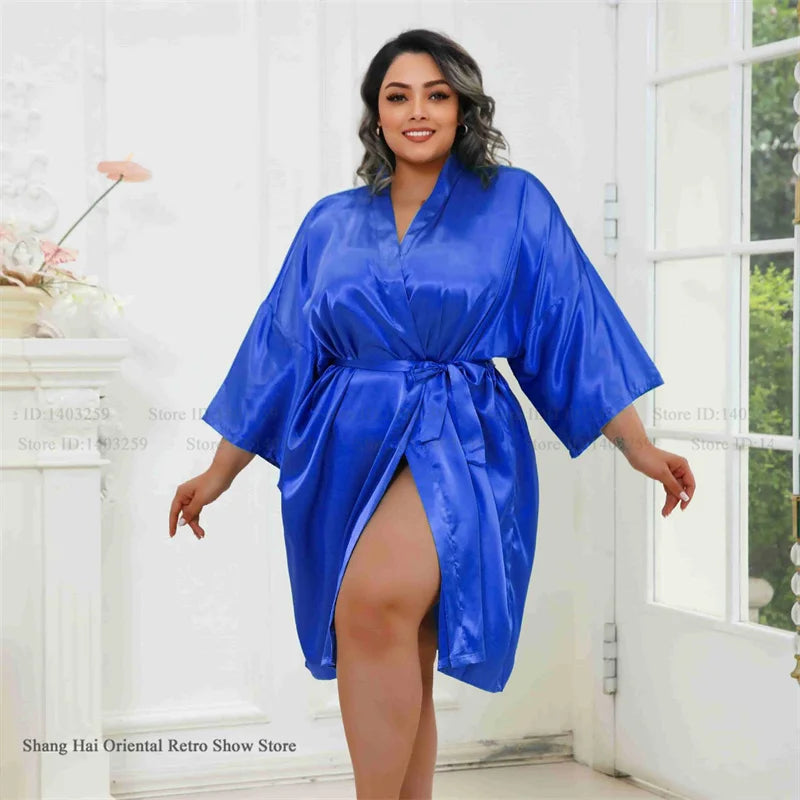 Plus Size Women Robe Half Sleeve Bathrobe Kimono Gown Spring Summer New Sleepwear Home Dress Casual Ice Silk Lounge Wear Pajama