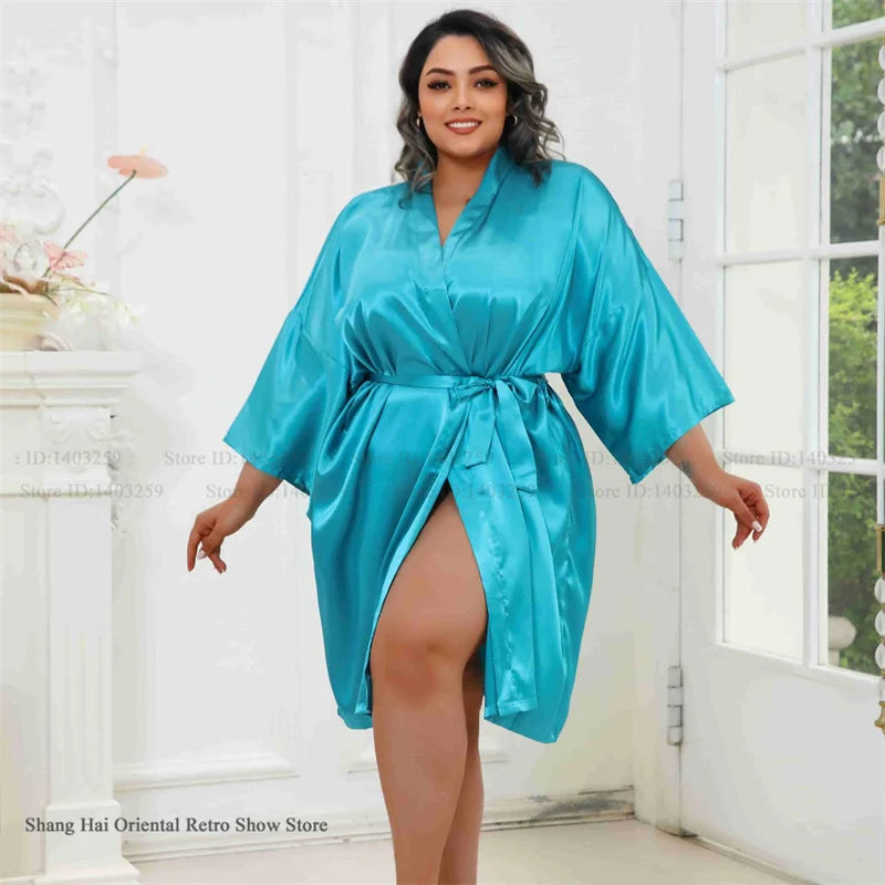 Plus Size Women Robe Half Sleeve Bathrobe Kimono Gown Spring Summer New Sleepwear Home Dress Casual Ice Silk Lounge Wear Pajama