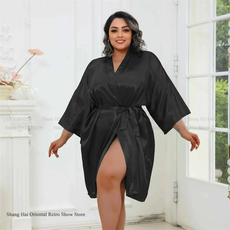 Plus Size Women Robe Half Sleeve Bathrobe Kimono Gown Spring Summer New Sleepwear Home Dress Casual Ice Silk Lounge Wear Pajama