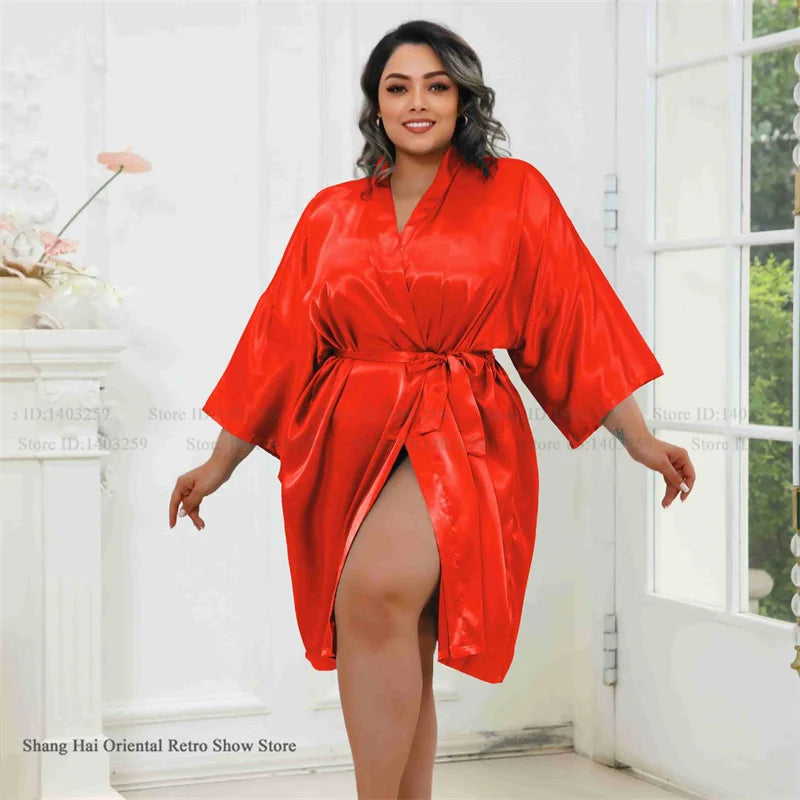 Plus Size Women Robe Half Sleeve Bathrobe Kimono Gown Spring Summer New Sleepwear Home Dress Casual Ice Silk Lounge Wear Pajama
