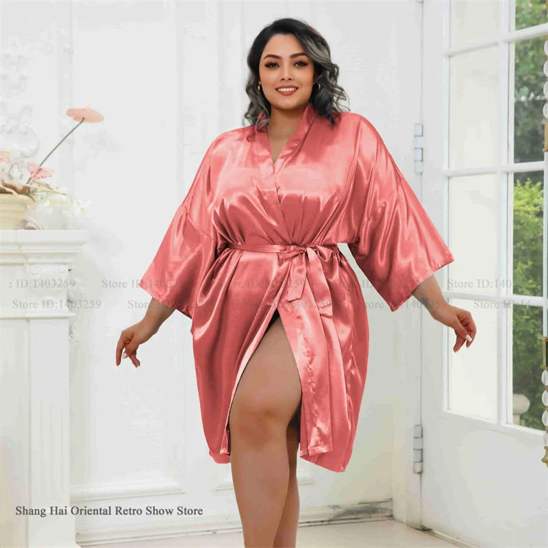 Plus Size Women Robe Half Sleeve Bathrobe Kimono Gown Spring Summer New Sleepwear Home Dress Casual Ice Silk Lounge Wear Pajama