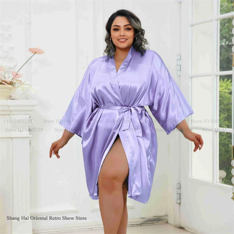 Plus Size Women Robe Half Sleeve Bathrobe Kimono Gown Spring Summer New Sleepwear Home Dress Casual Ice Silk Lounge Wear Pajama