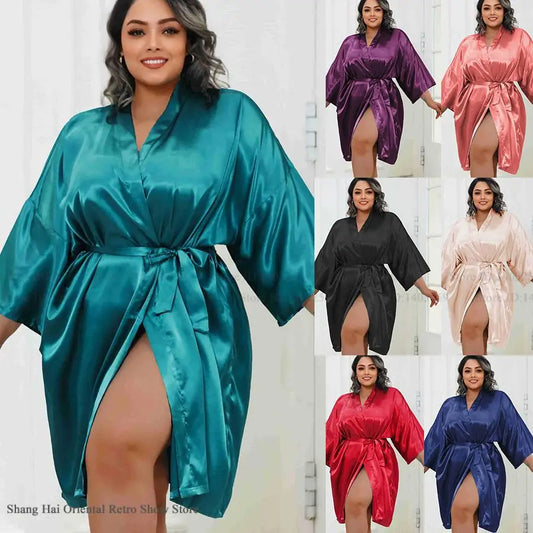 Plus Size Women Robe Half Sleeve Bathrobe Kimono Gown Spring Summer New Sleepwear Home Dress Casual Ice Silk Lounge Wear Pajama