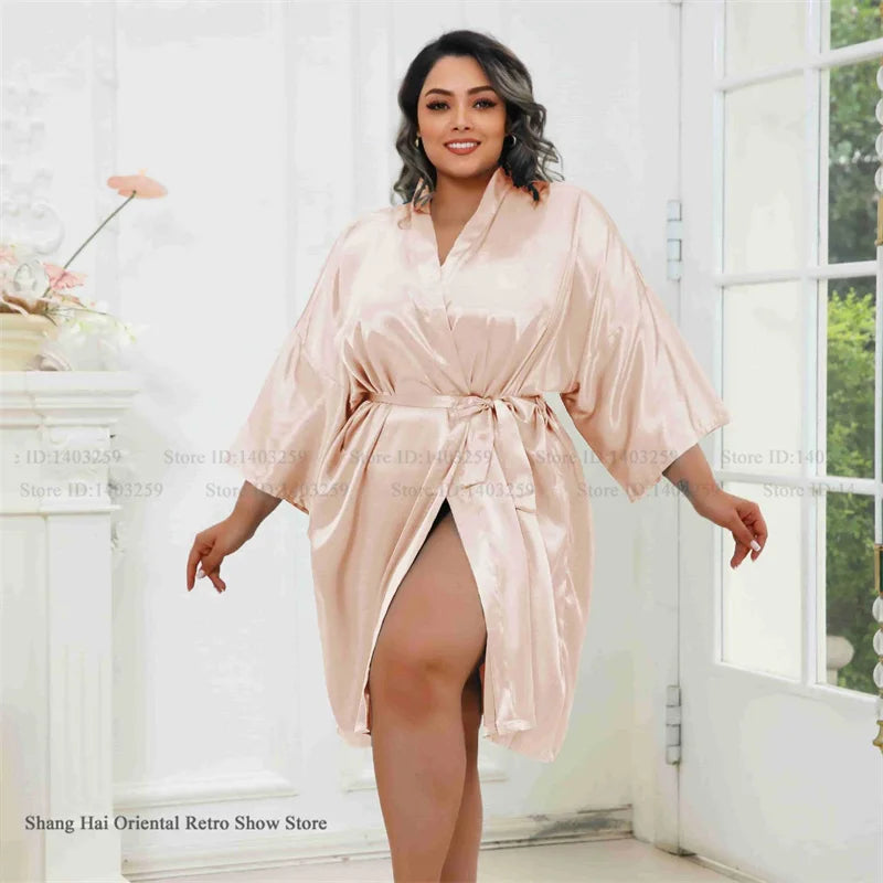 Plus Size Women Robe Half Sleeve Bathrobe Kimono Gown Spring Summer New Sleepwear Home Dress Casual Ice Silk Lounge Wear Pajama