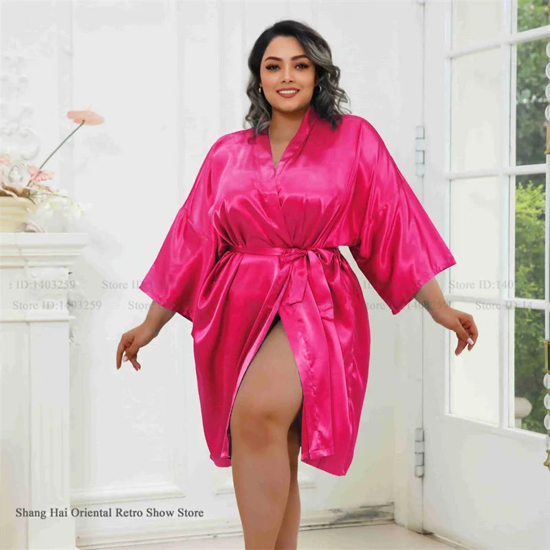 Plus Size Women Robe Half Sleeve Bathrobe Kimono Gown Spring Summer New Sleepwear Home Dress Casual Ice Silk Lounge Wear Pajama