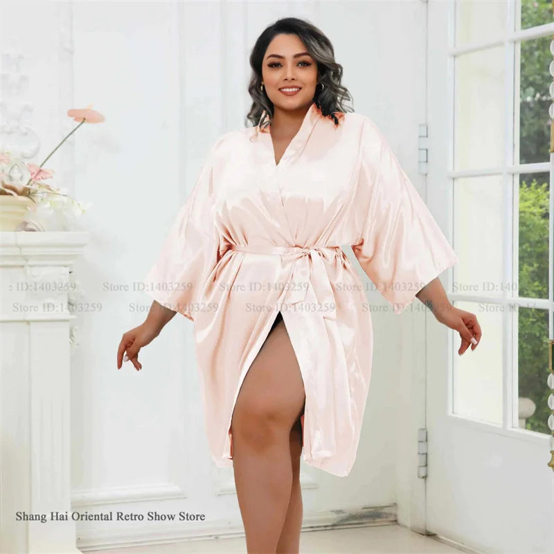 Plus Size Women Robe Half Sleeve Bathrobe Kimono Gown Spring Summer New Sleepwear Home Dress Casual Ice Silk Lounge Wear Pajama